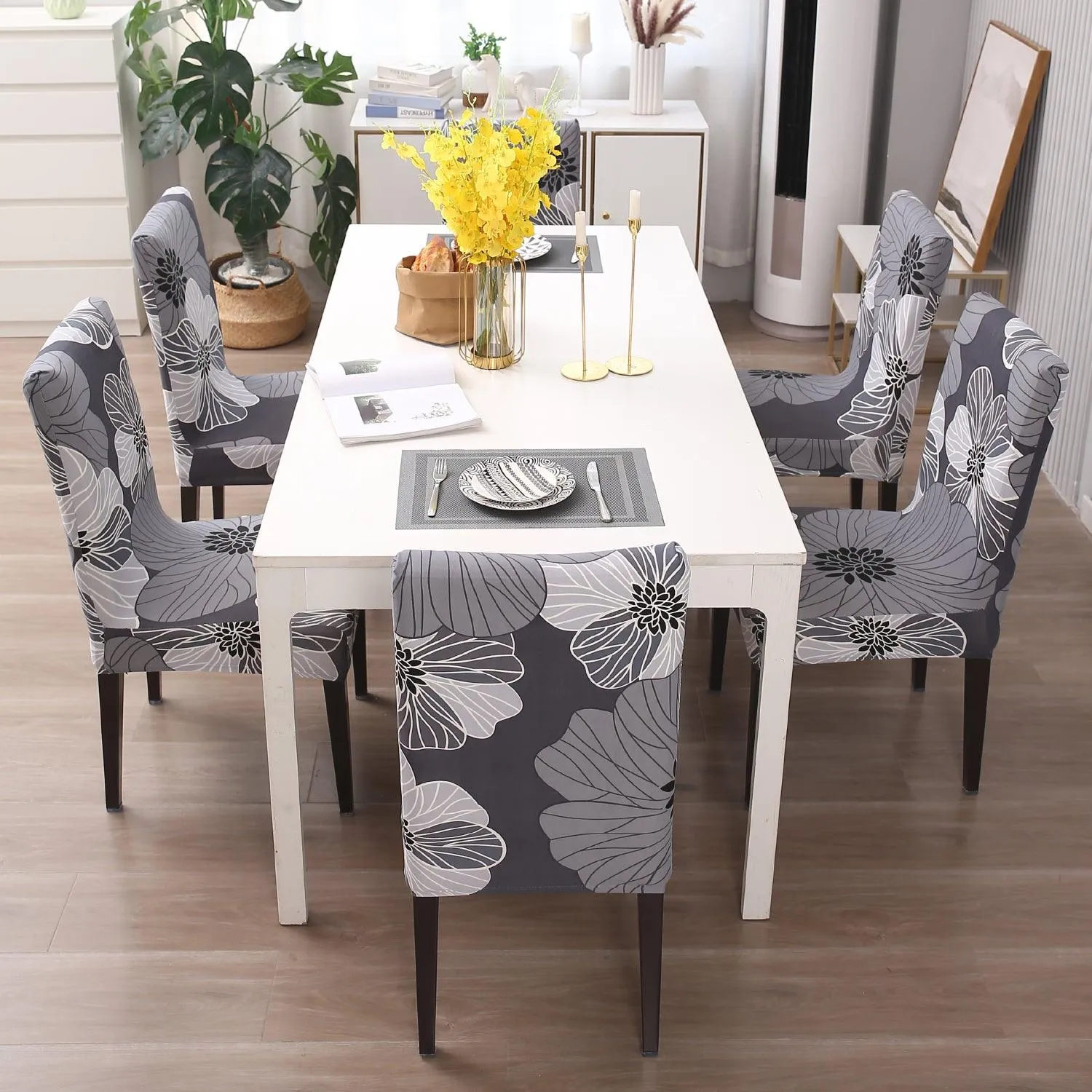 Elastic Stretchable Dining Chair Cover, Grey Hibiscus