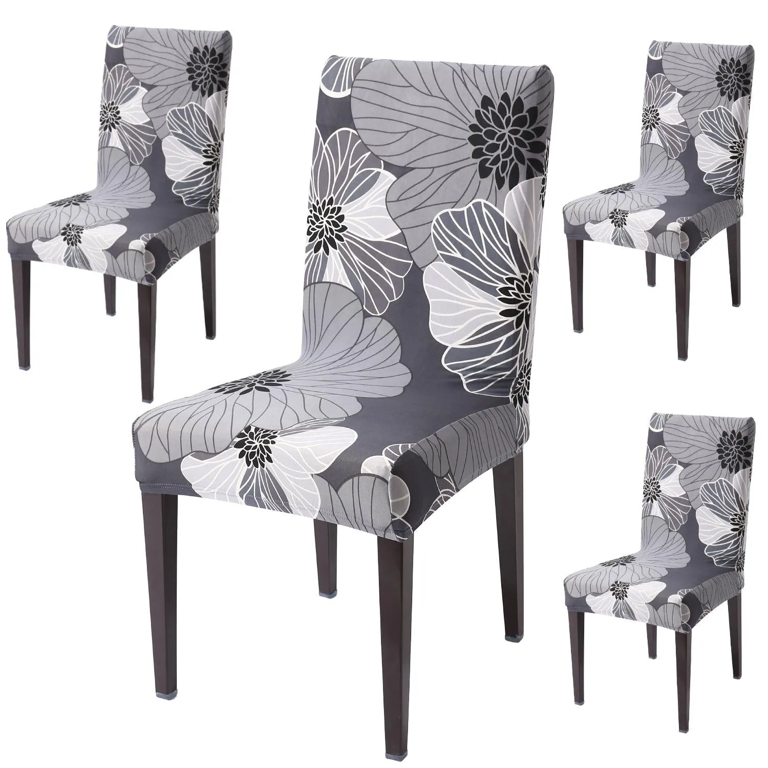 Elastic Stretchable Dining Chair Cover, Grey Hibiscus