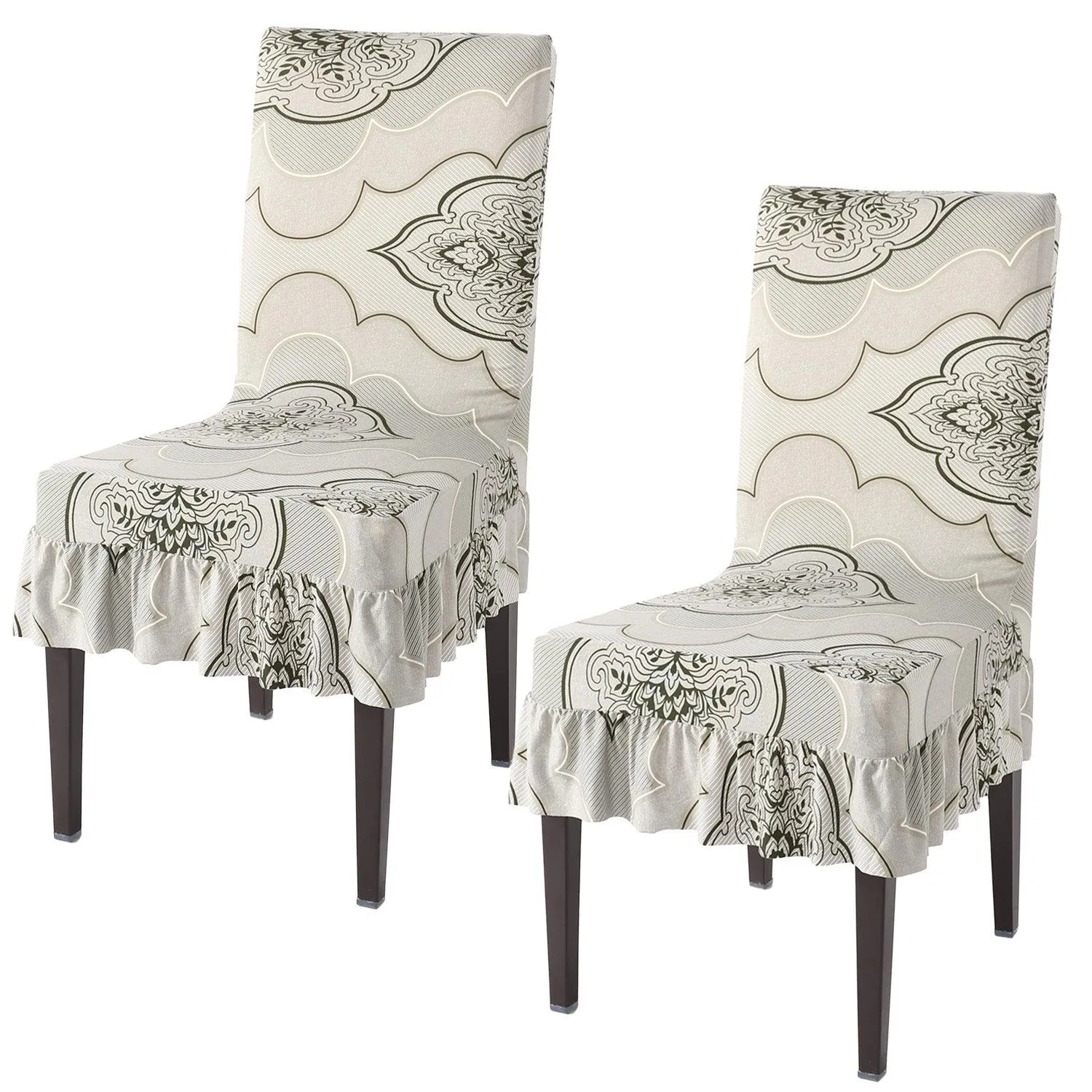 Elastic Stretchable Dining Chair Cover with Frill, Ivory Moroccan Floral