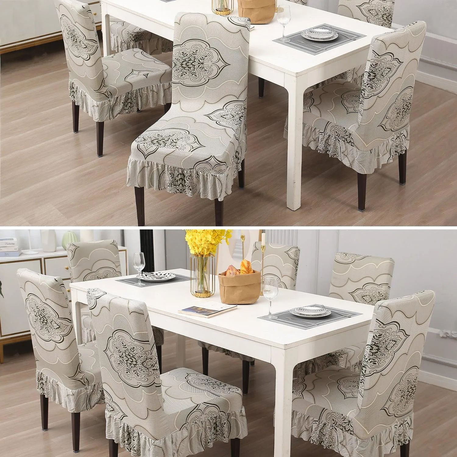 Elastic Stretchable Dining Chair Cover with Frill, Ivory Moroccan Floral