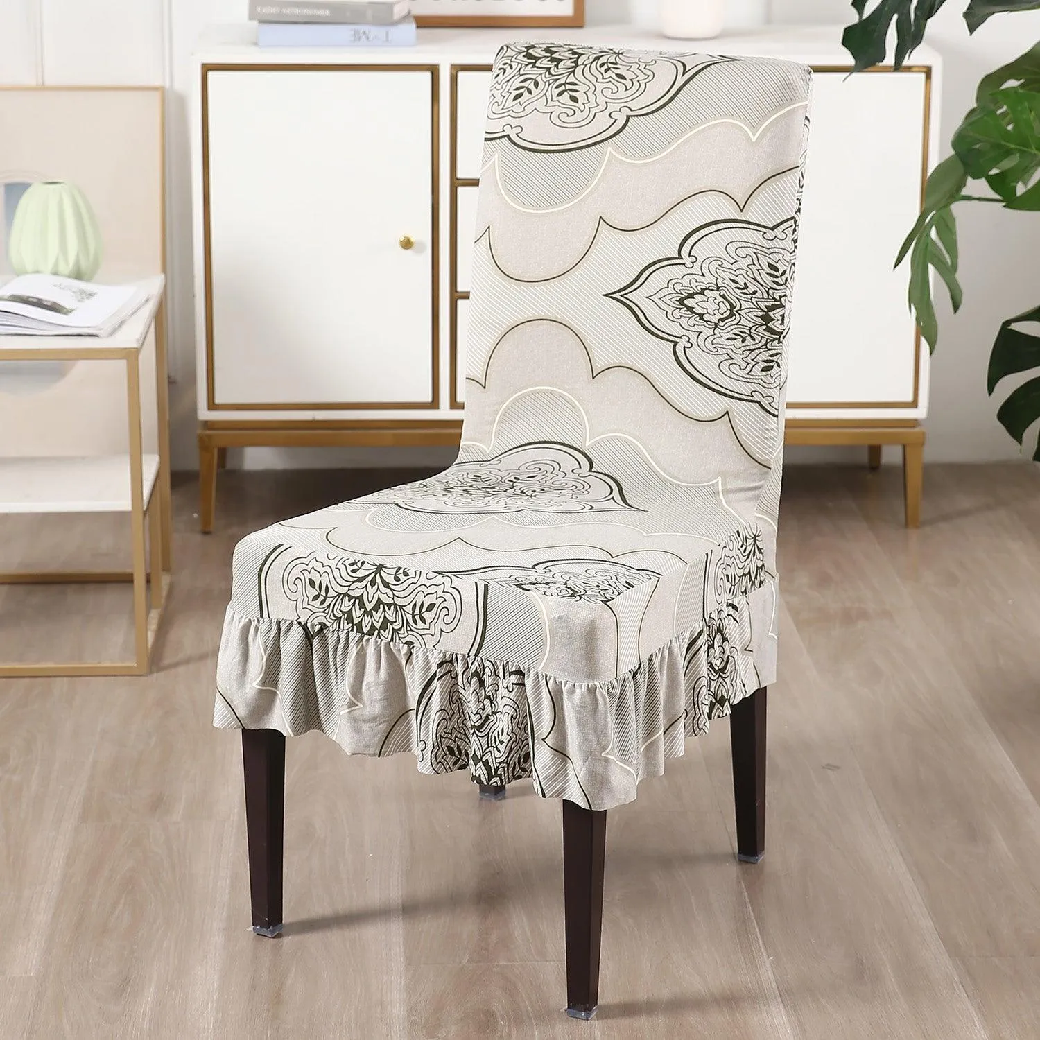 Elastic Stretchable Dining Chair Cover with Frill, Ivory Moroccan Floral