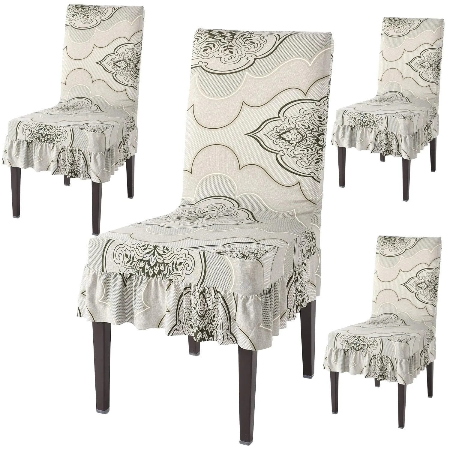 Elastic Stretchable Dining Chair Cover with Frill, Ivory Moroccan Floral