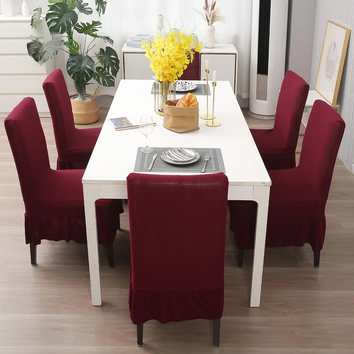 Elastic Stretchable Dining Chair Cover with Frill, Maroon