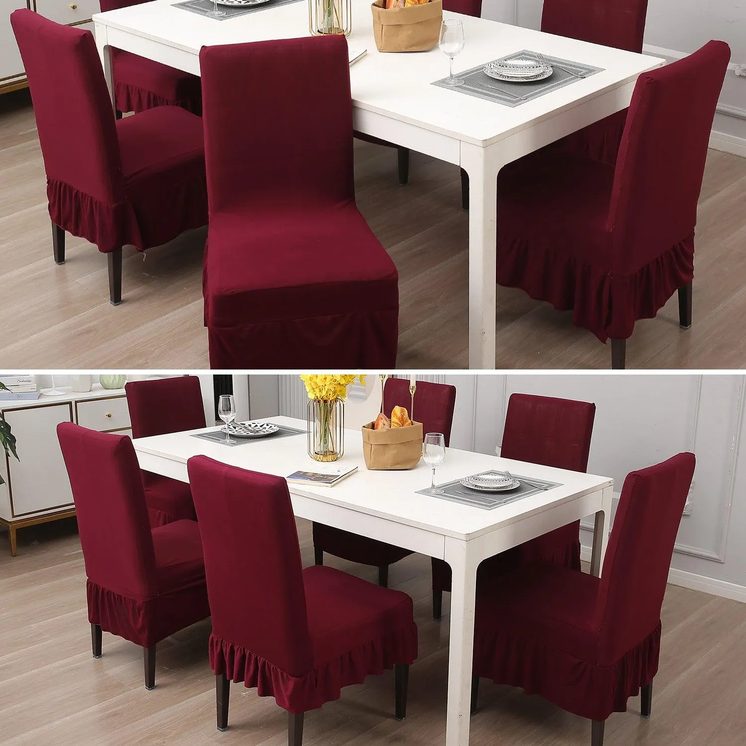 Elastic Stretchable Dining Chair Cover with Frill, Maroon