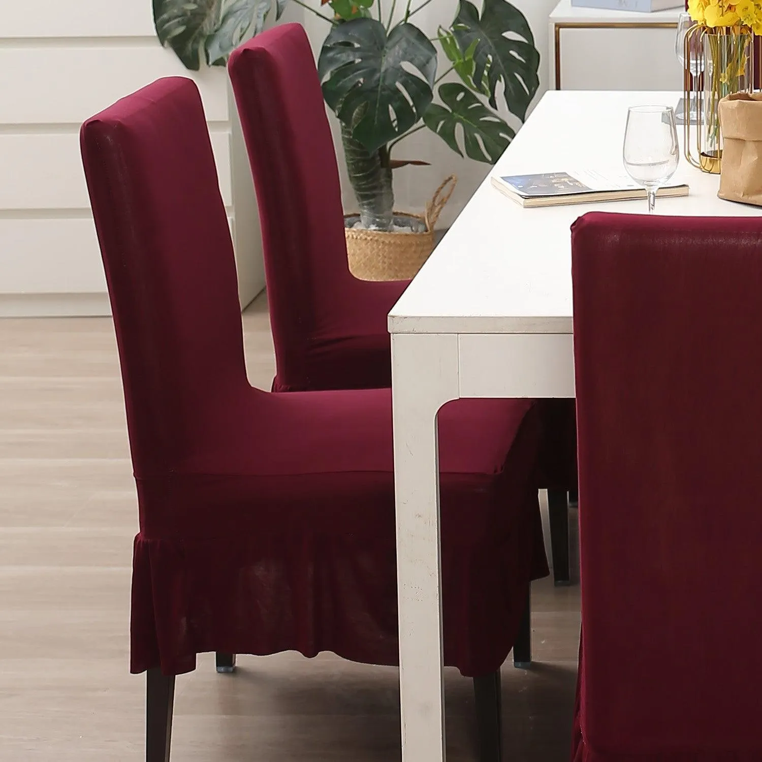 Elastic Stretchable Dining Chair Cover with Frill, Maroon