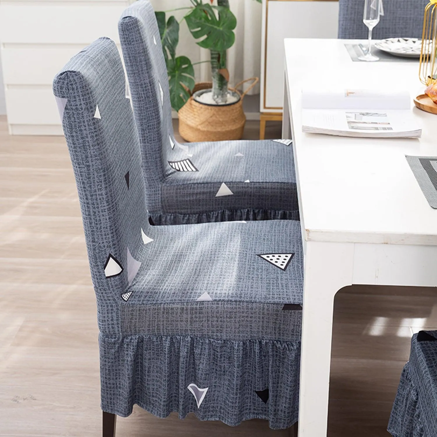 Elastic Stretchable Dining Chair Cover with Frill, Porpoise Grey Triangle