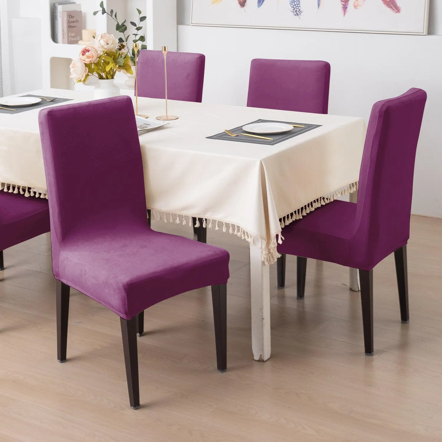 Elastic Stretchable Premium Velvet Dining Chair Cover, Purple