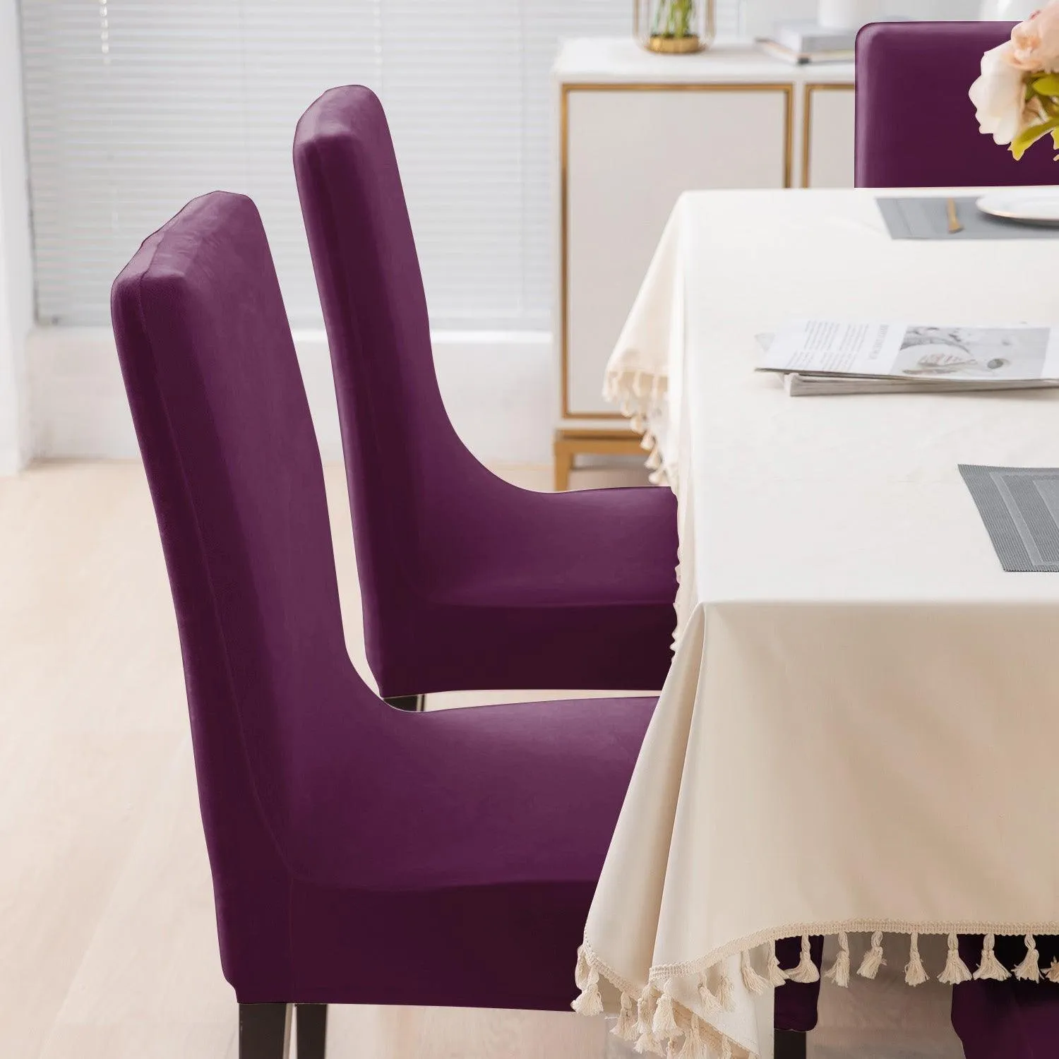 Elastic Stretchable Premium Velvet Dining Chair Cover, Purple