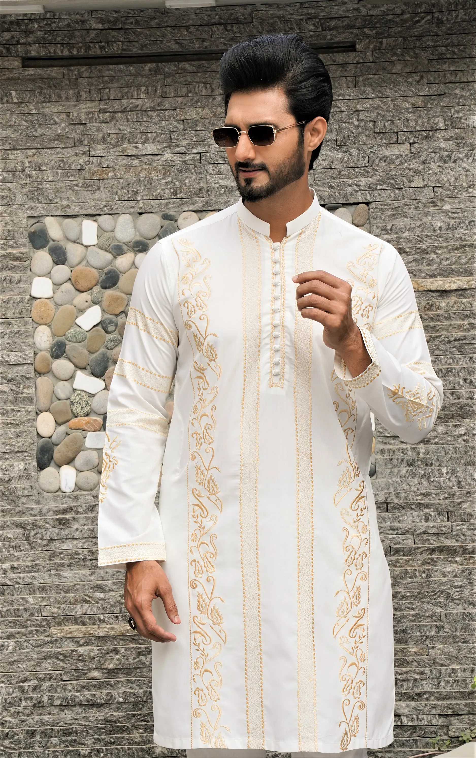 ER 585 White Kurta Pajama With Gold Embroidery