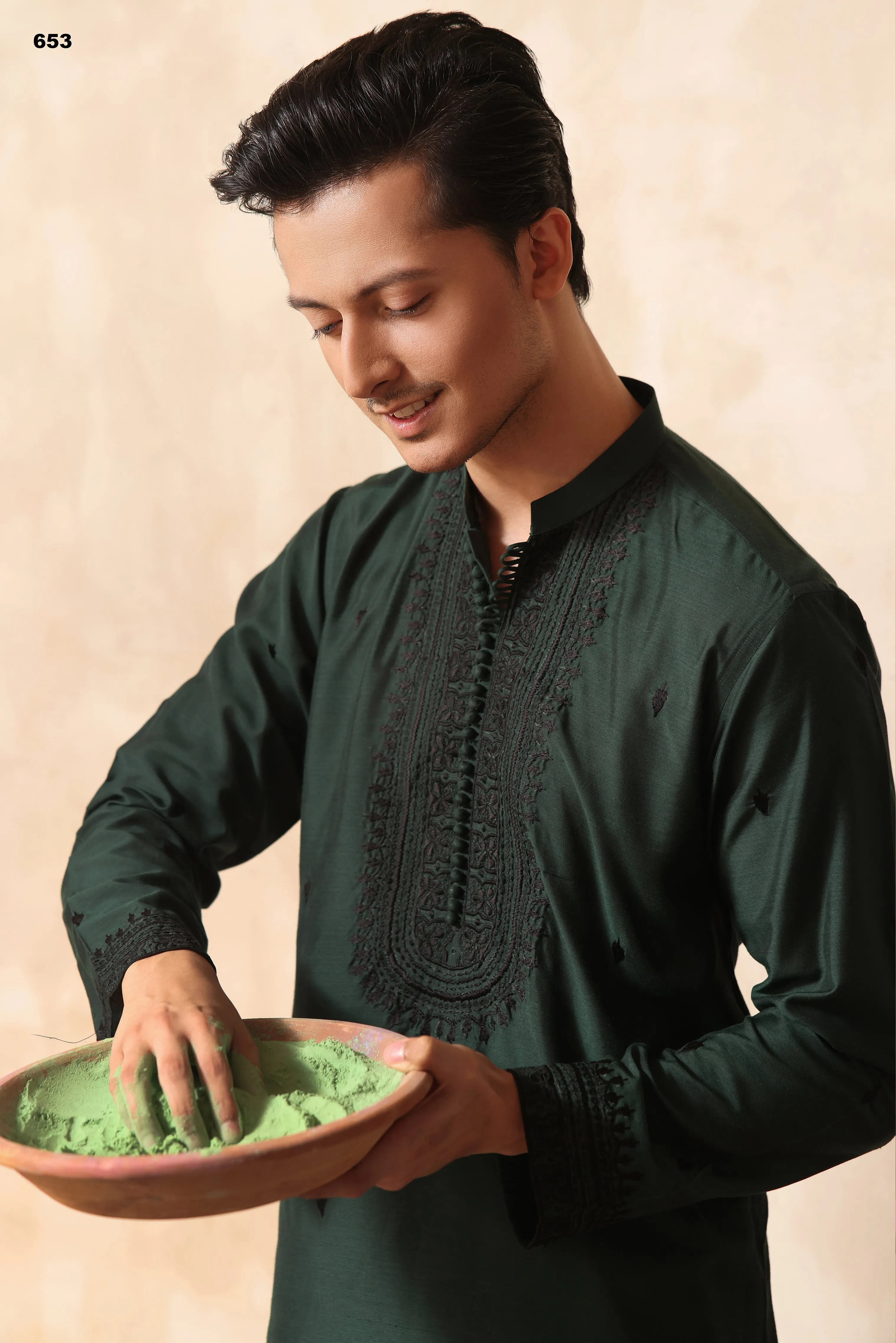 ER KH 653 Green Hand Crafted Cotton Silk kurta Pajama For Men