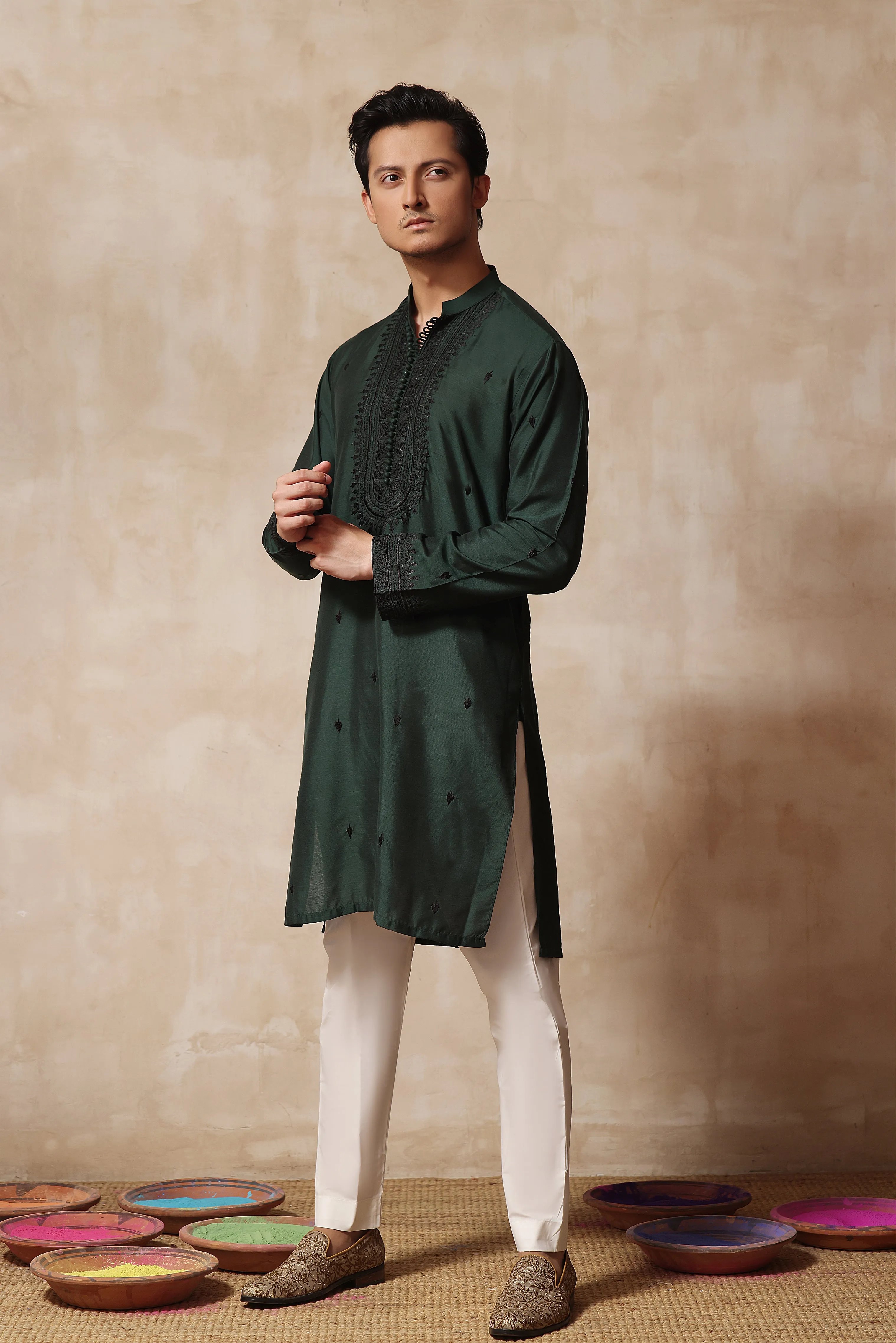 ER KH 653 Green Hand Crafted Cotton Silk kurta Pajama For Men