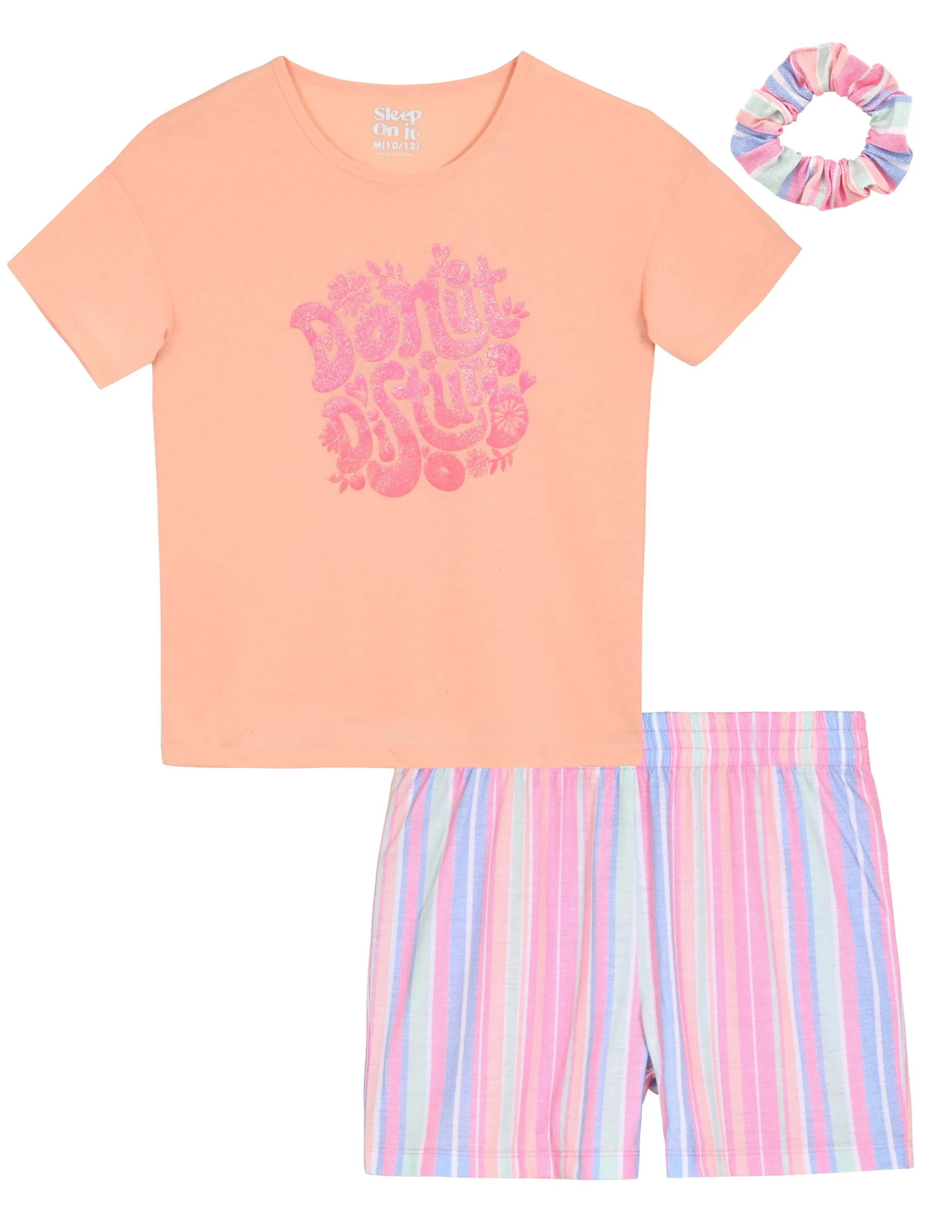 Girls 2-Piece Short-Sleeve Jersey Pajama Shorts Set with Matching Hair Scrunchie- Donut Disturb.