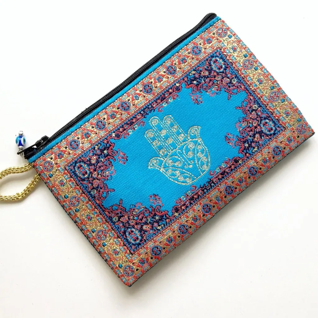 GOLD THREAD BLUE HAMSA  PATTERN EMBROIDERED SMALL BAG