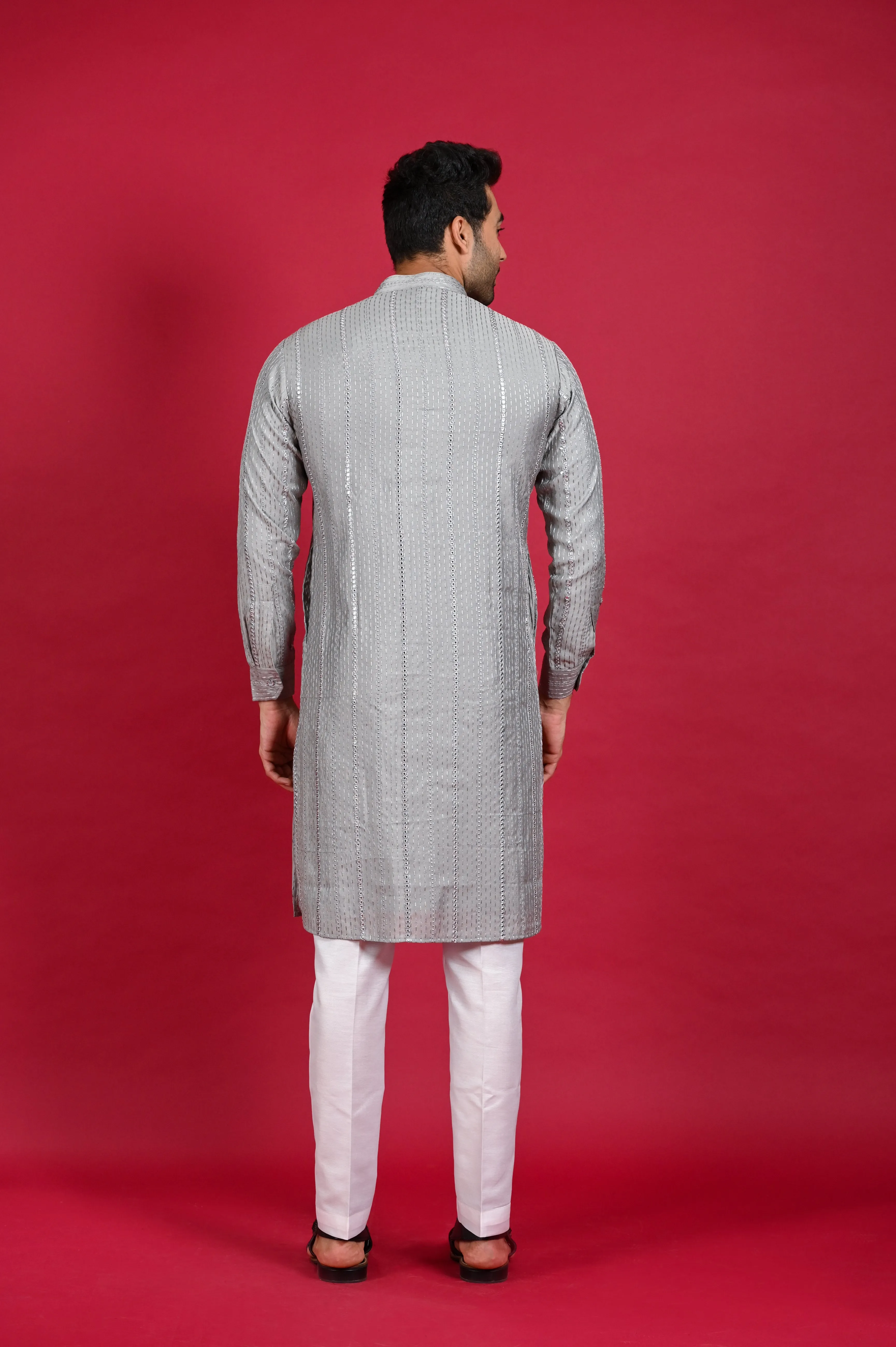 Grey Kurta Pajama Set with Thread Work