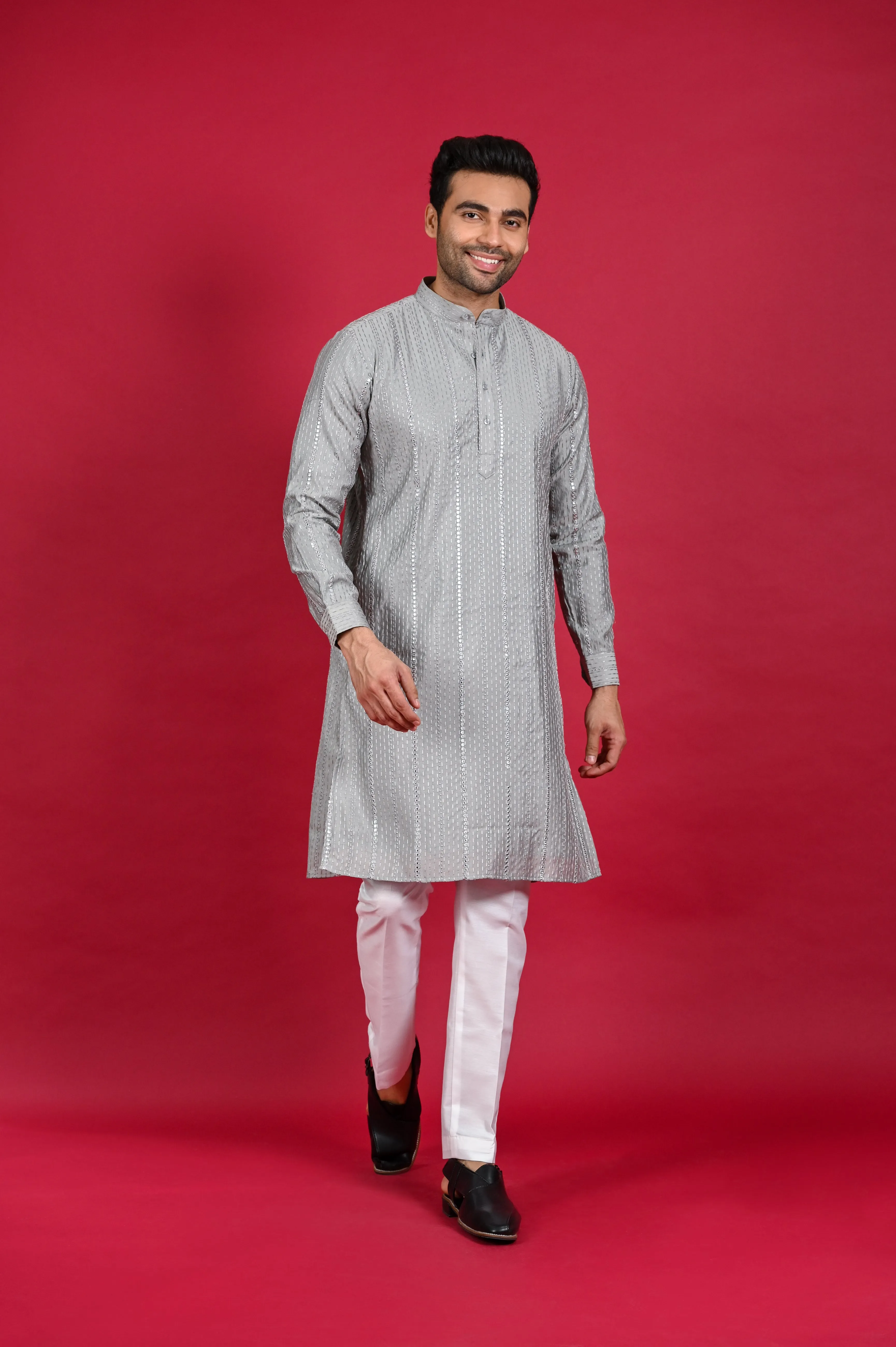 Grey Kurta Pajama Set with Thread Work