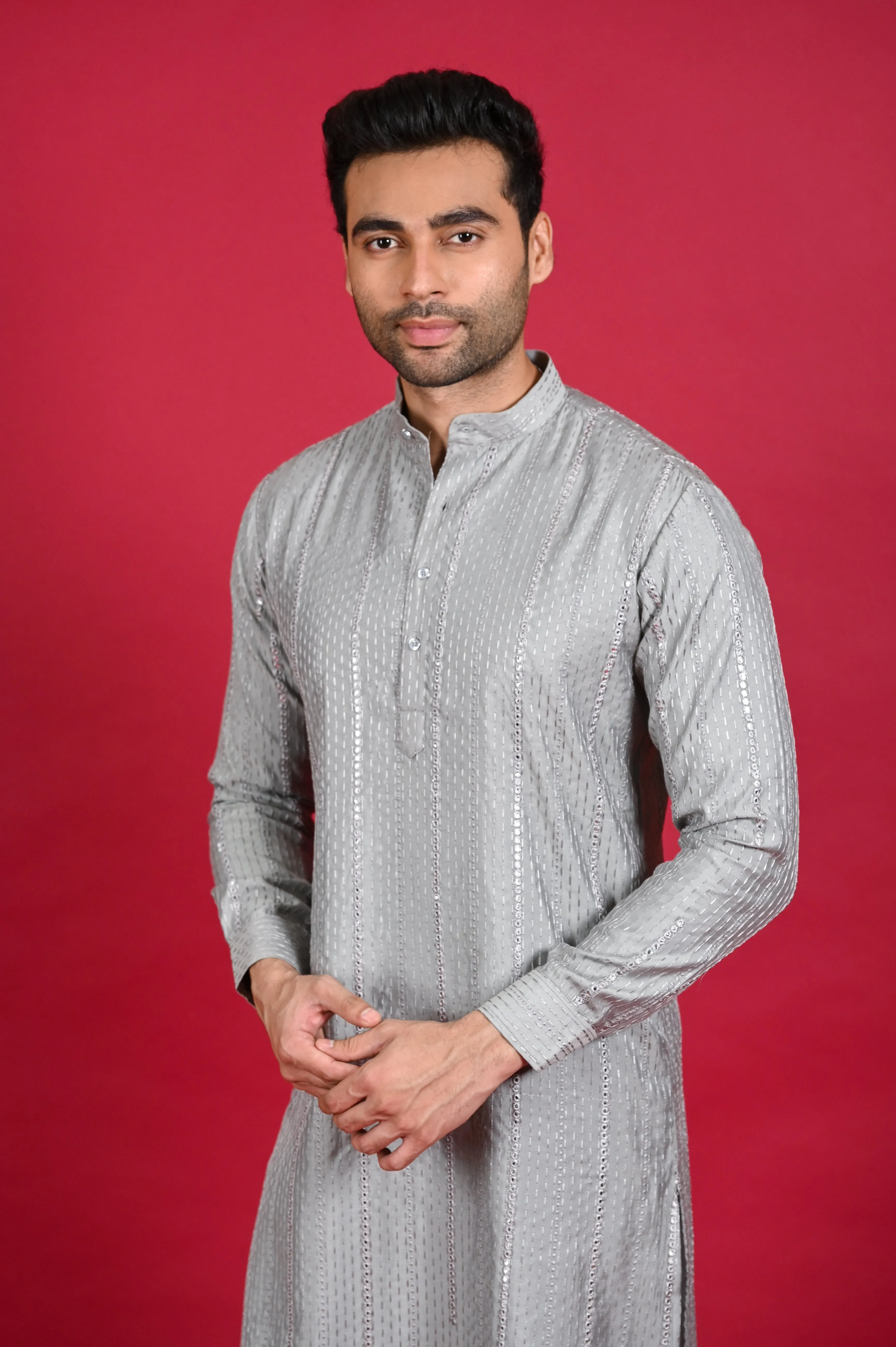 Grey Kurta Pajama Set with Thread Work