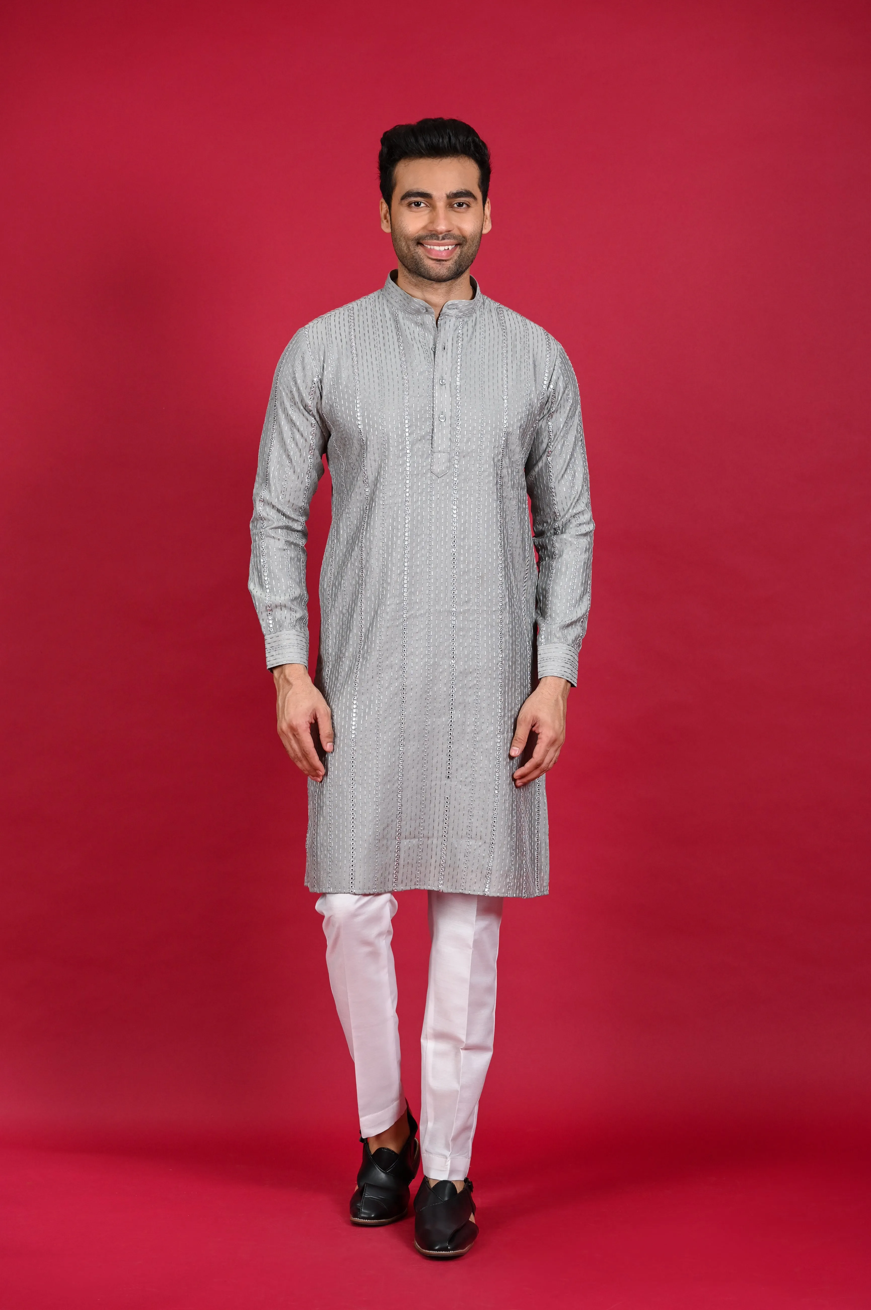 Grey Kurta Pajama Set with Thread Work