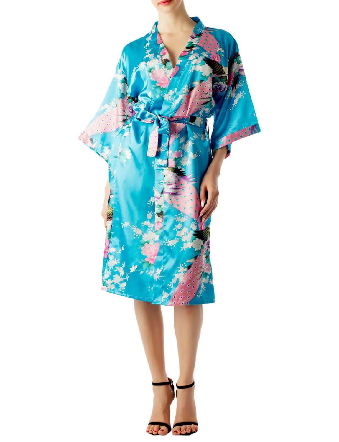 iB-iP Women's Peacock And Plum Blossom Fashion Japanese Kimono Style Midi Robe