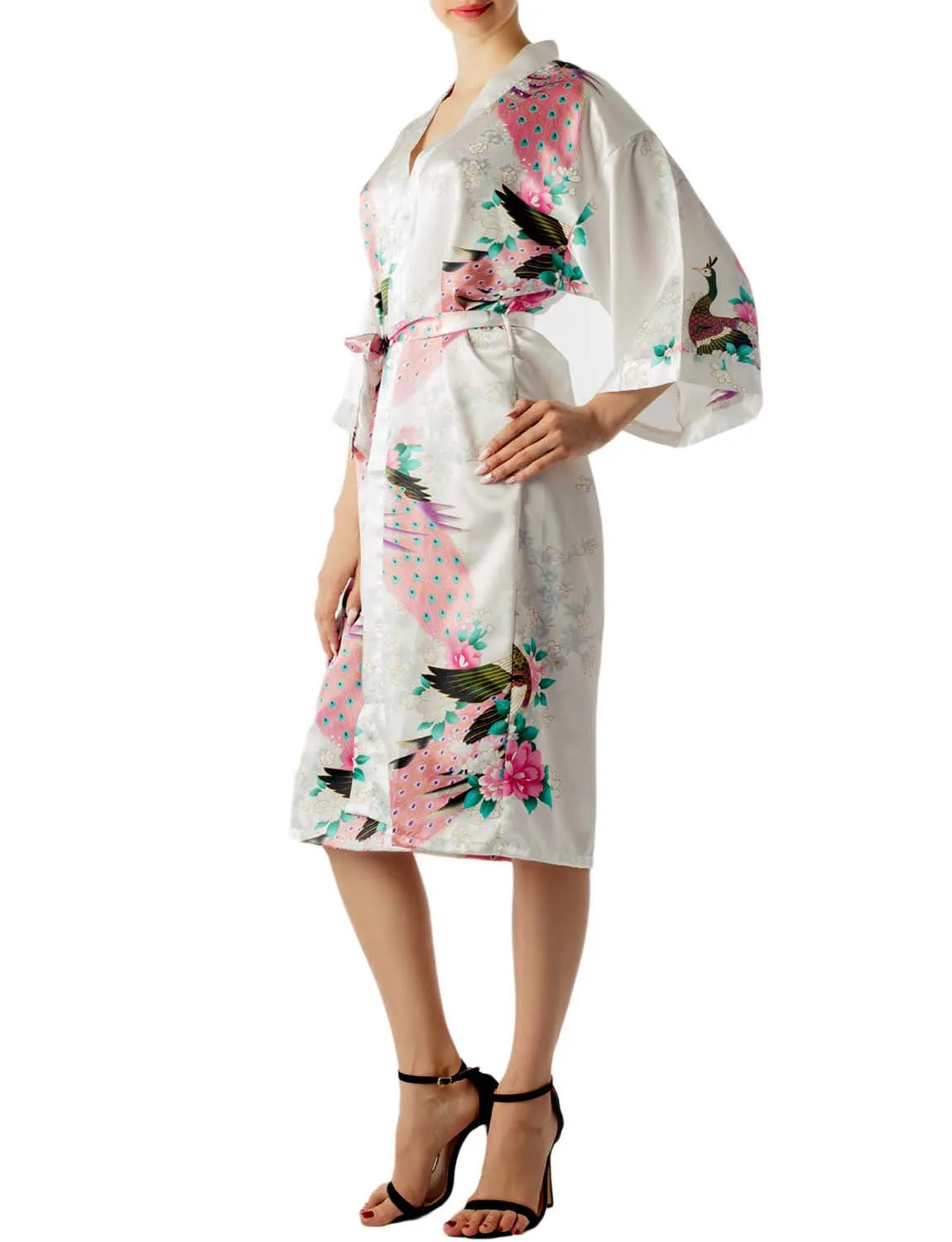 iB-iP Women's Peacock And Plum Blossom Fashion Japanese Kimono Style Midi Robe