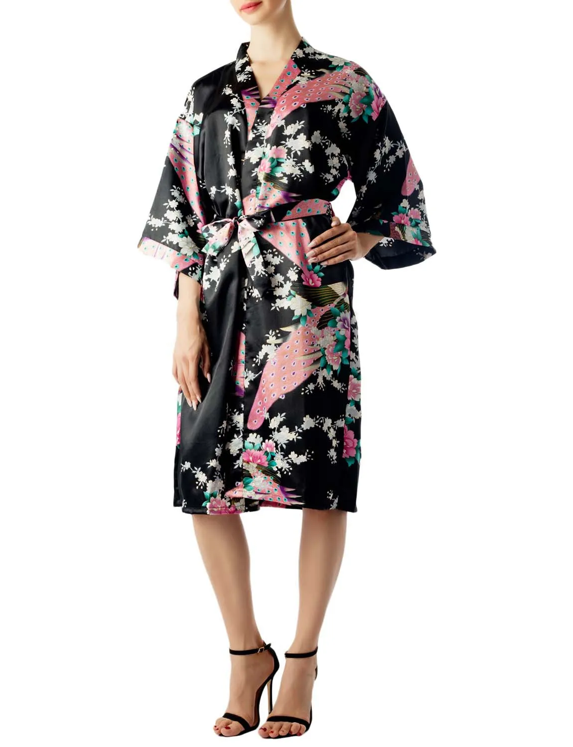 iB-iP Women's Peacock And Plum Blossom Fashion Japanese Kimono Style Midi Robe