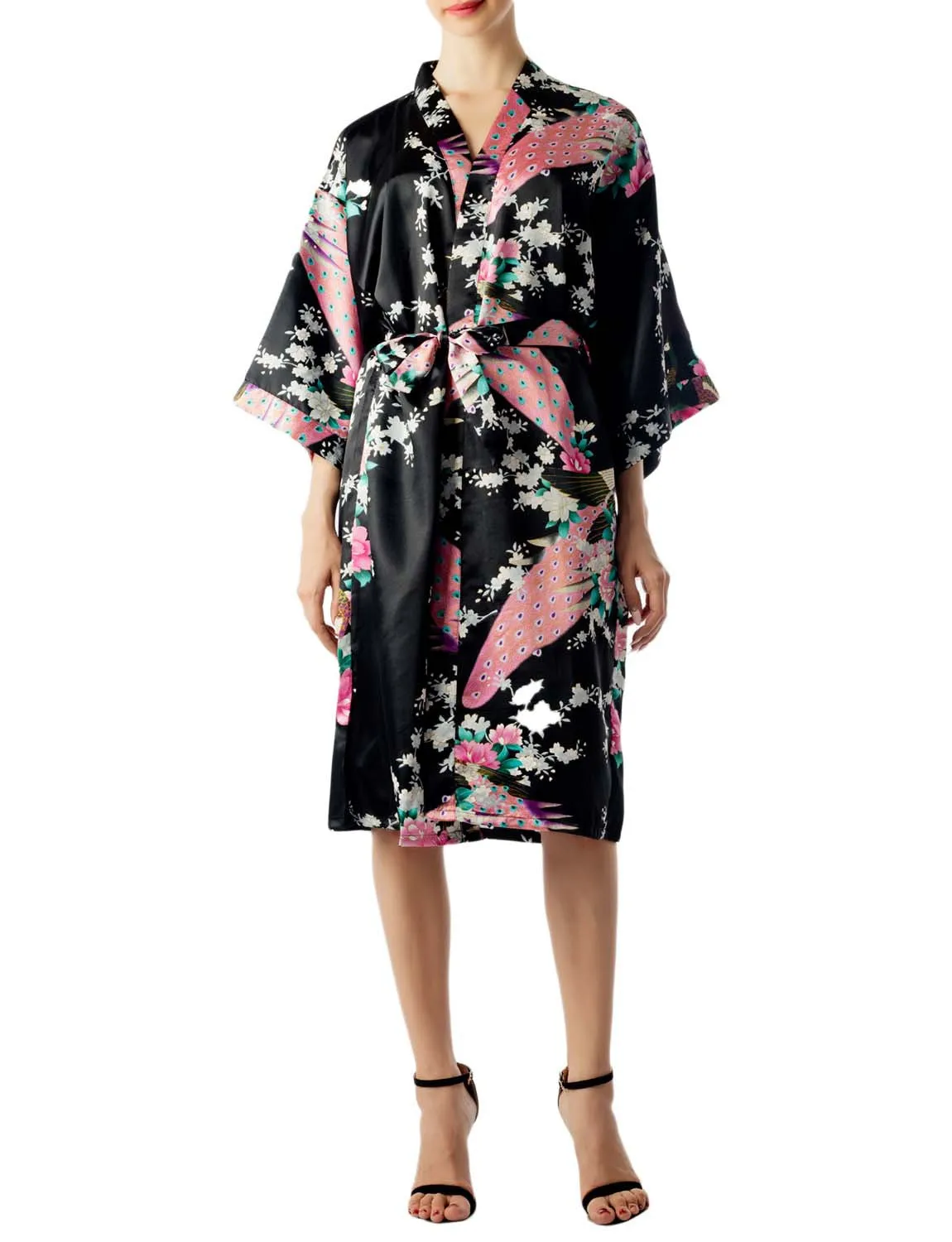 iB-iP Women's Peacock And Plum Blossom Fashion Japanese Kimono Style Midi Robe