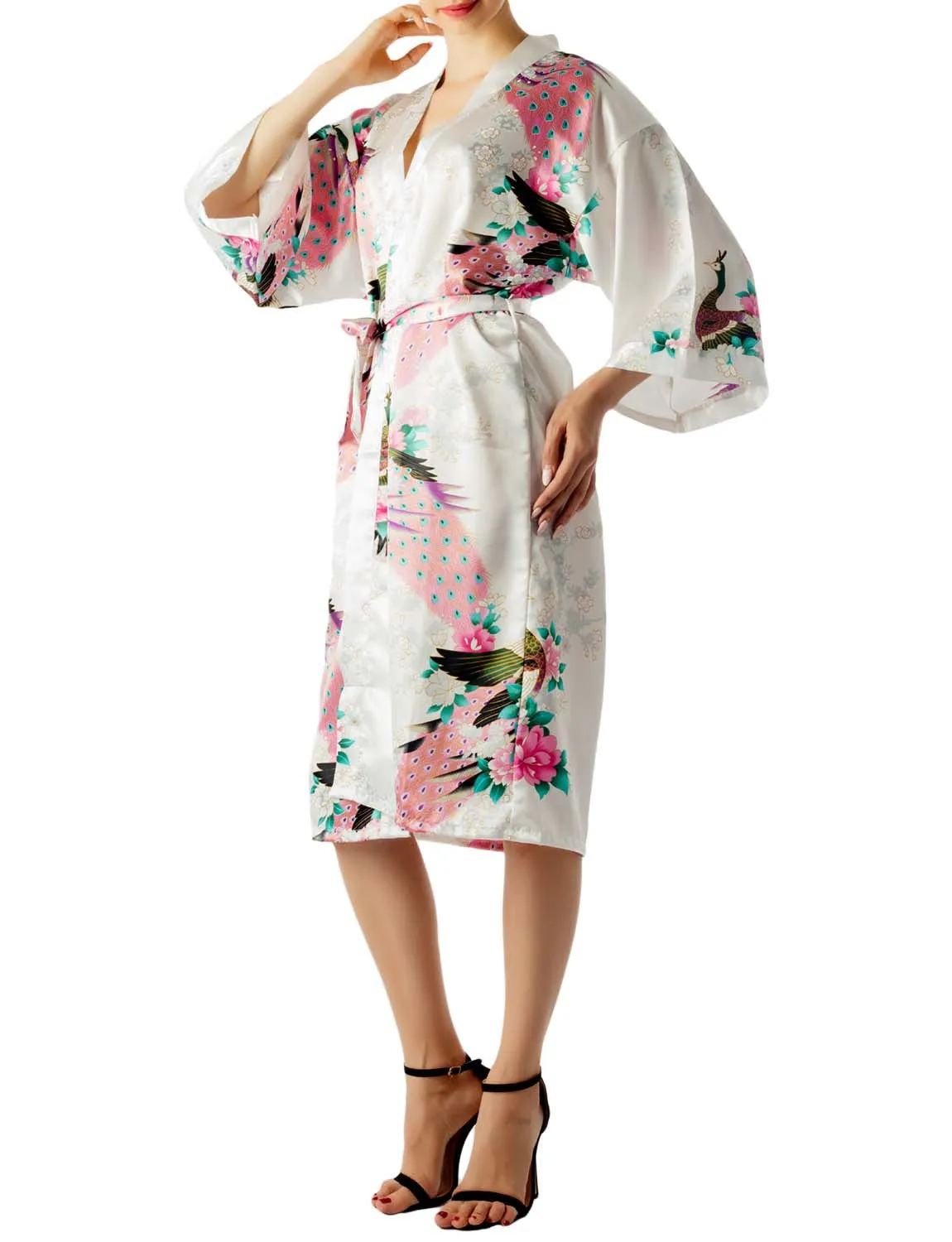 iB-iP Women's Peacock And Plum Blossom Fashion Japanese Kimono Style Midi Robe