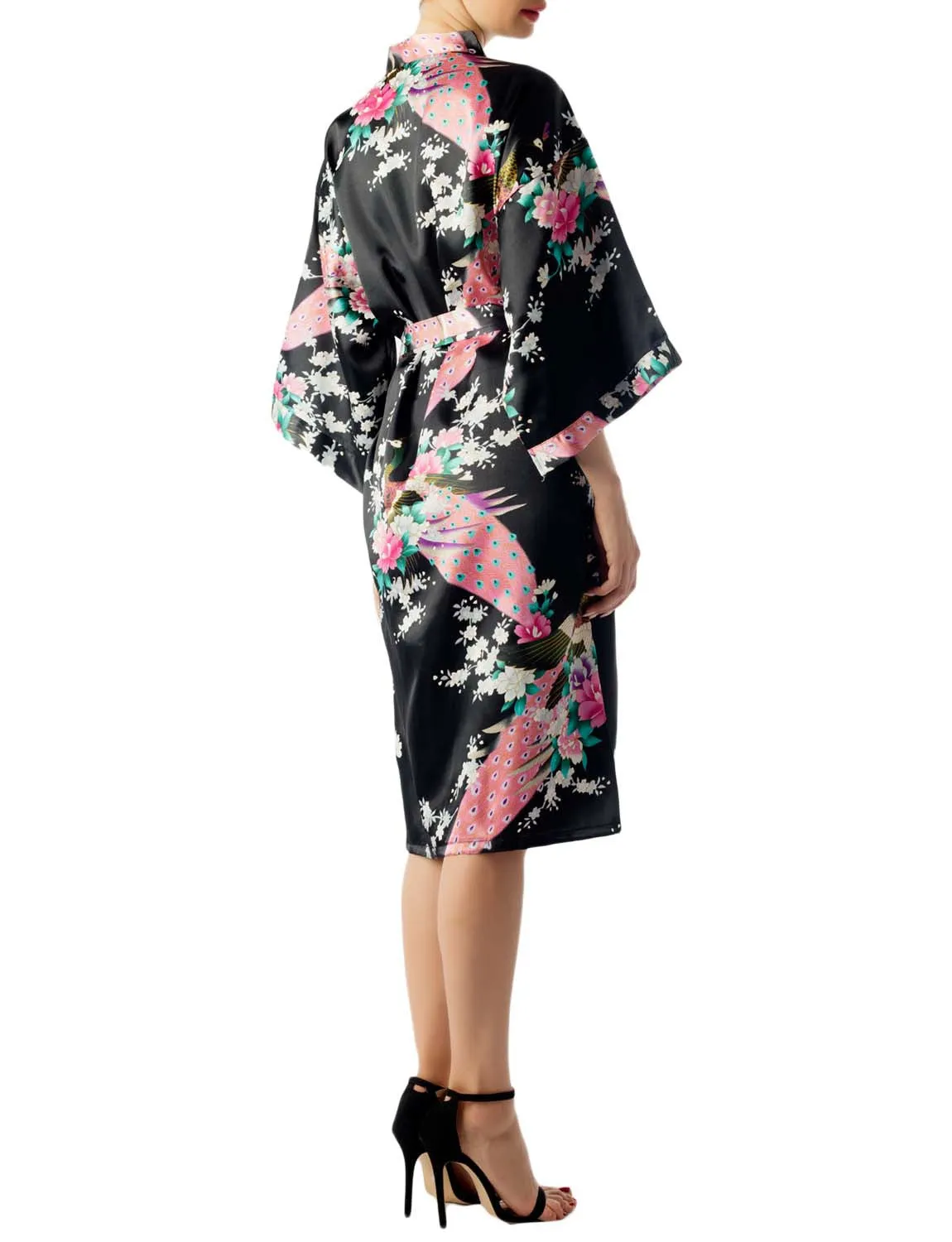 iB-iP Women's Peacock And Plum Blossom Fashion Japanese Kimono Style Midi Robe