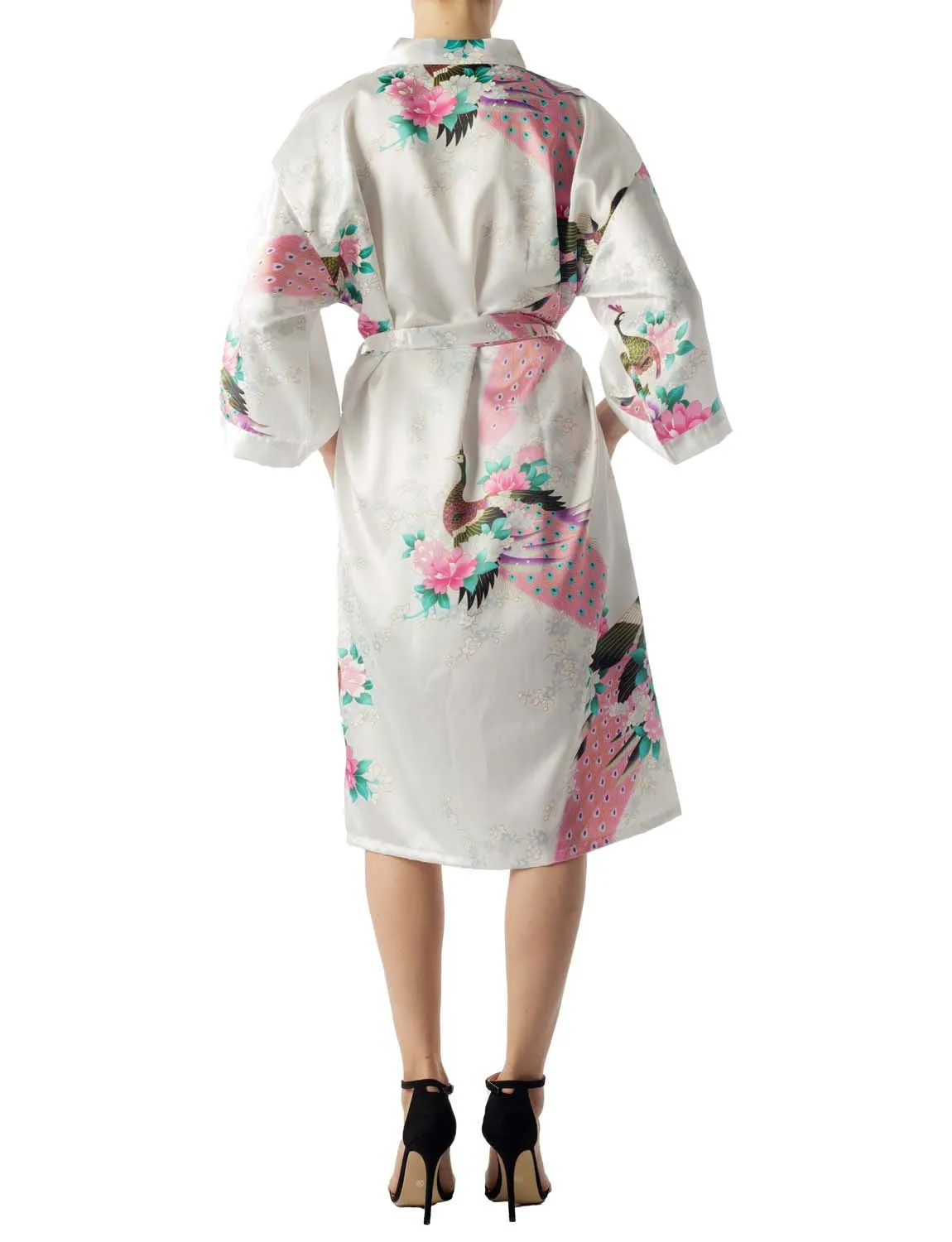 iB-iP Women's Peacock And Plum Blossom Fashion Japanese Kimono Style Midi Robe