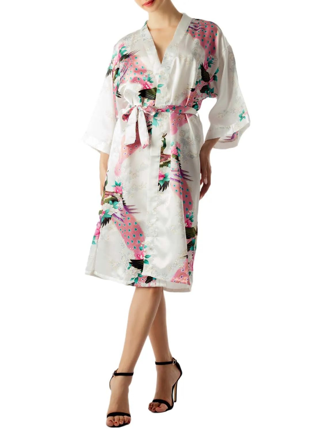 iB-iP Women's Peacock And Plum Blossom Fashion Japanese Kimono Style Midi Robe