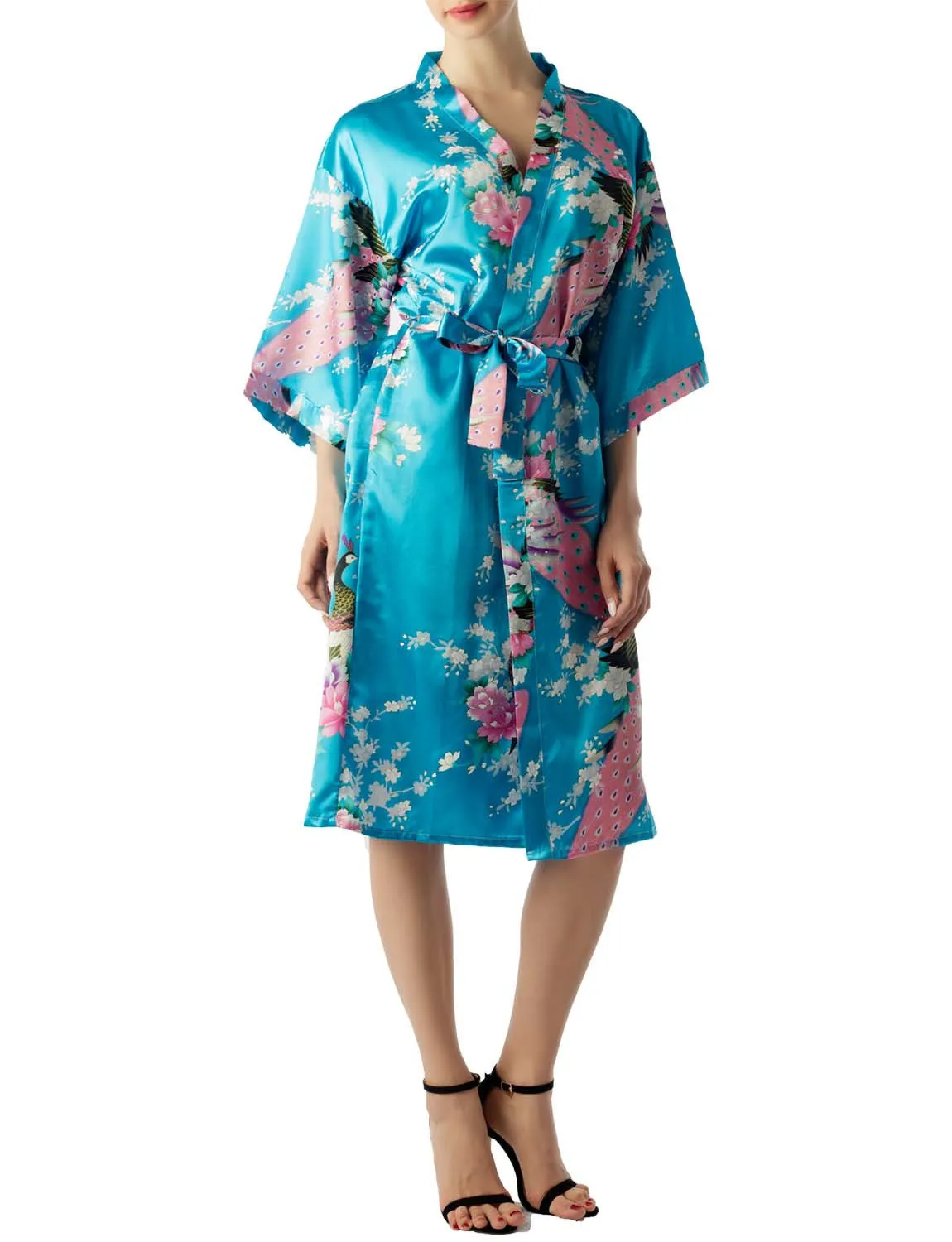 iB-iP Women's Peacock And Plum Blossom Fashion Japanese Kimono Style Midi Robe