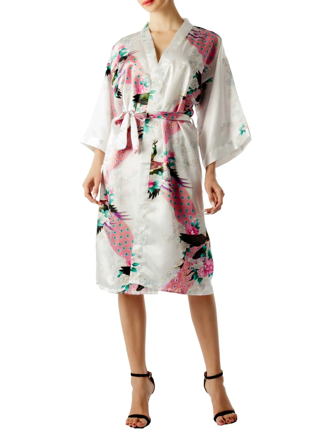 iB-iP Women's Peacock And Plum Blossom Fashion Japanese Kimono Style Midi Robe