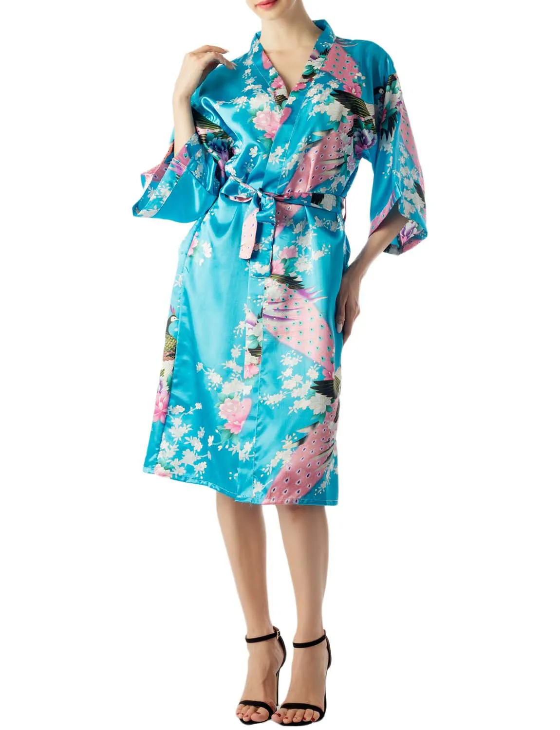 iB-iP Women's Peacock And Plum Blossom Fashion Japanese Kimono Style Midi Robe