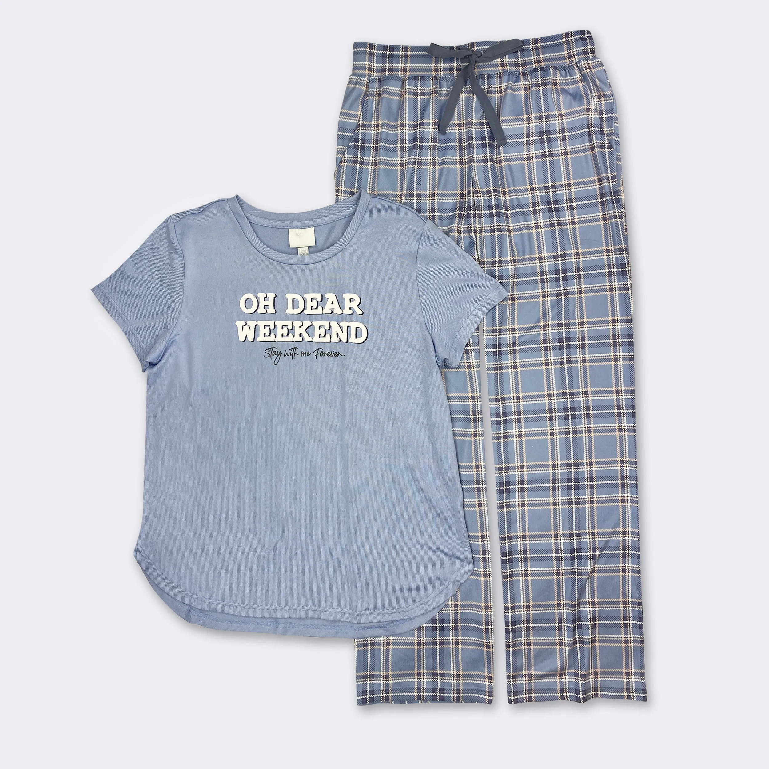 Ladies' 2-PC Lt Blue- Lt Blue Plaid Pajama Set