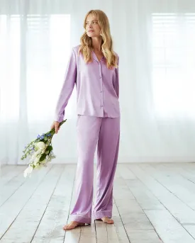 Lavender Satin Lace Trim Long Pyjama Set