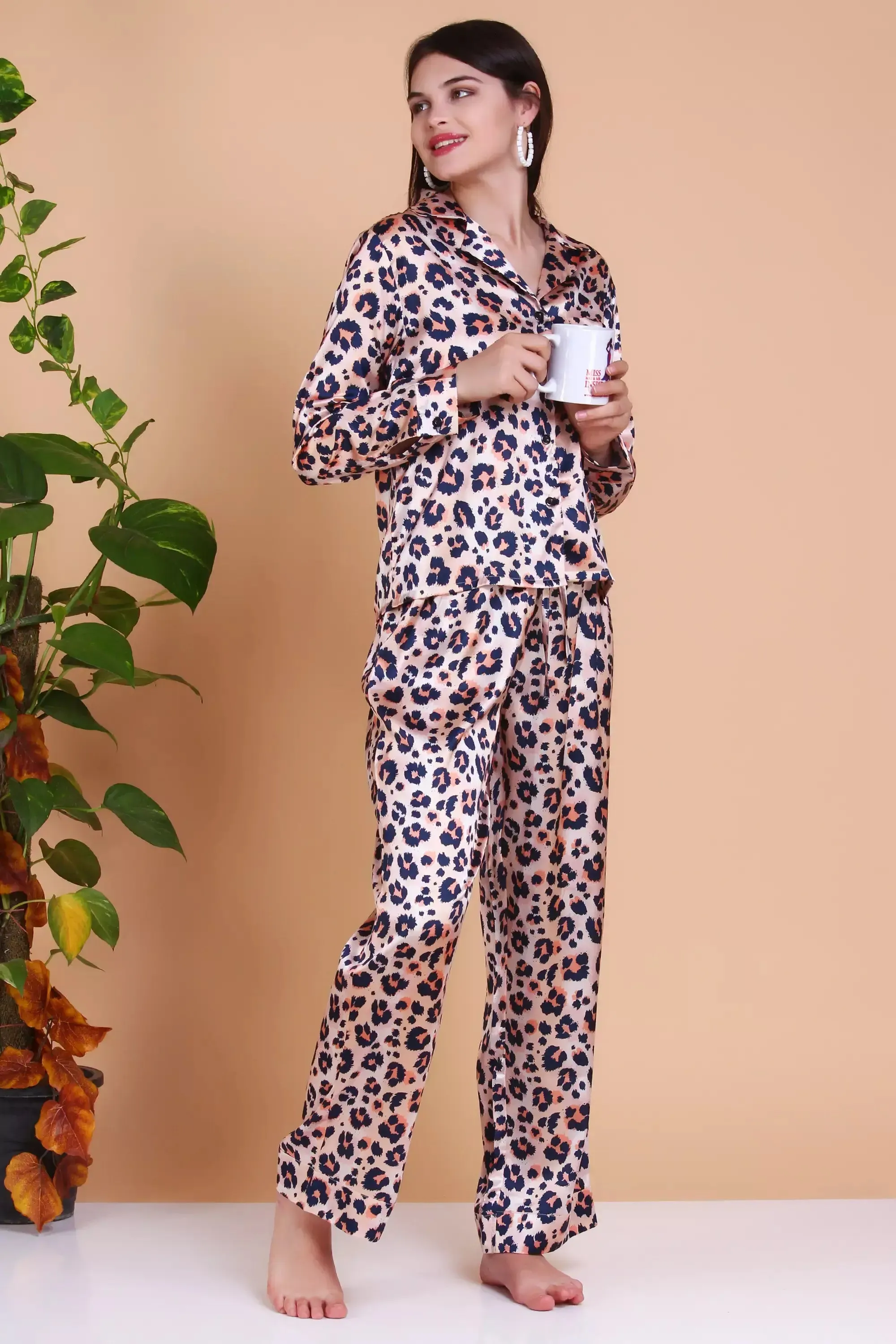 Leopard Silk Pajamas set  Long Sleeve Sleepwear Pj Set 2 Piece Loungewear