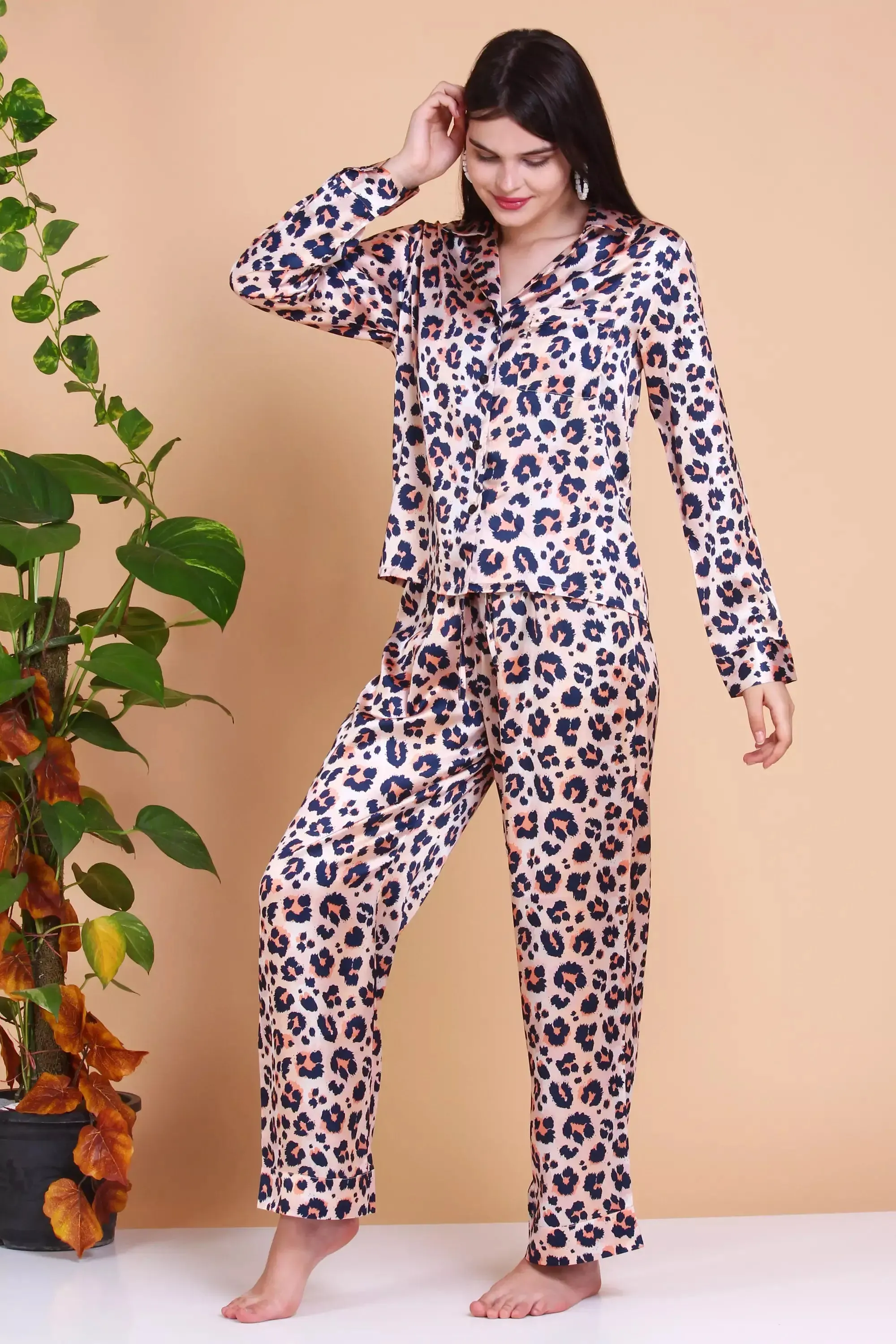 Leopard Silk Pajamas set  Long Sleeve Sleepwear Pj Set 2 Piece Loungewear