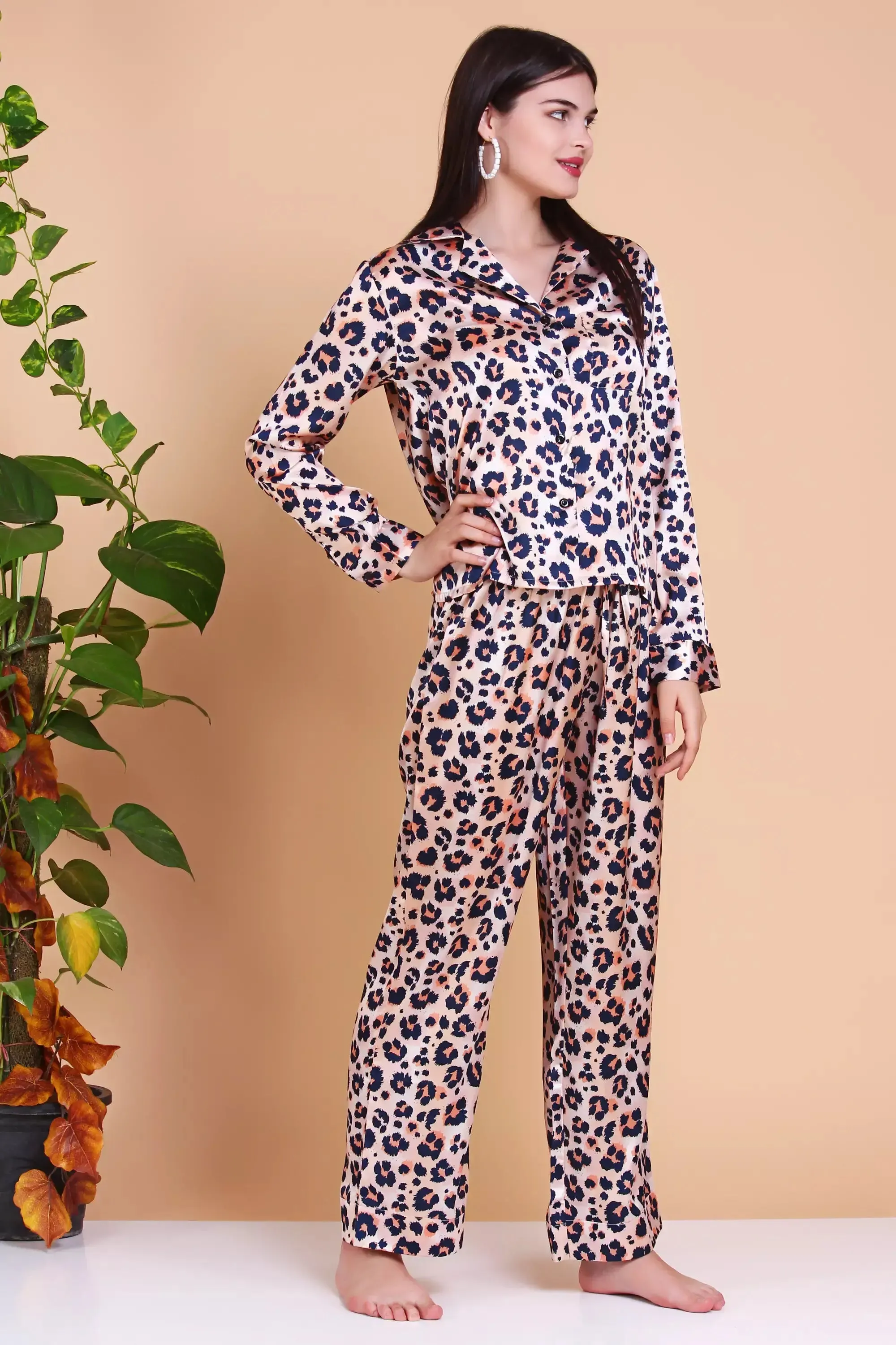 Leopard Silk Pajamas set  Long Sleeve Sleepwear Pj Set 2 Piece Loungewear