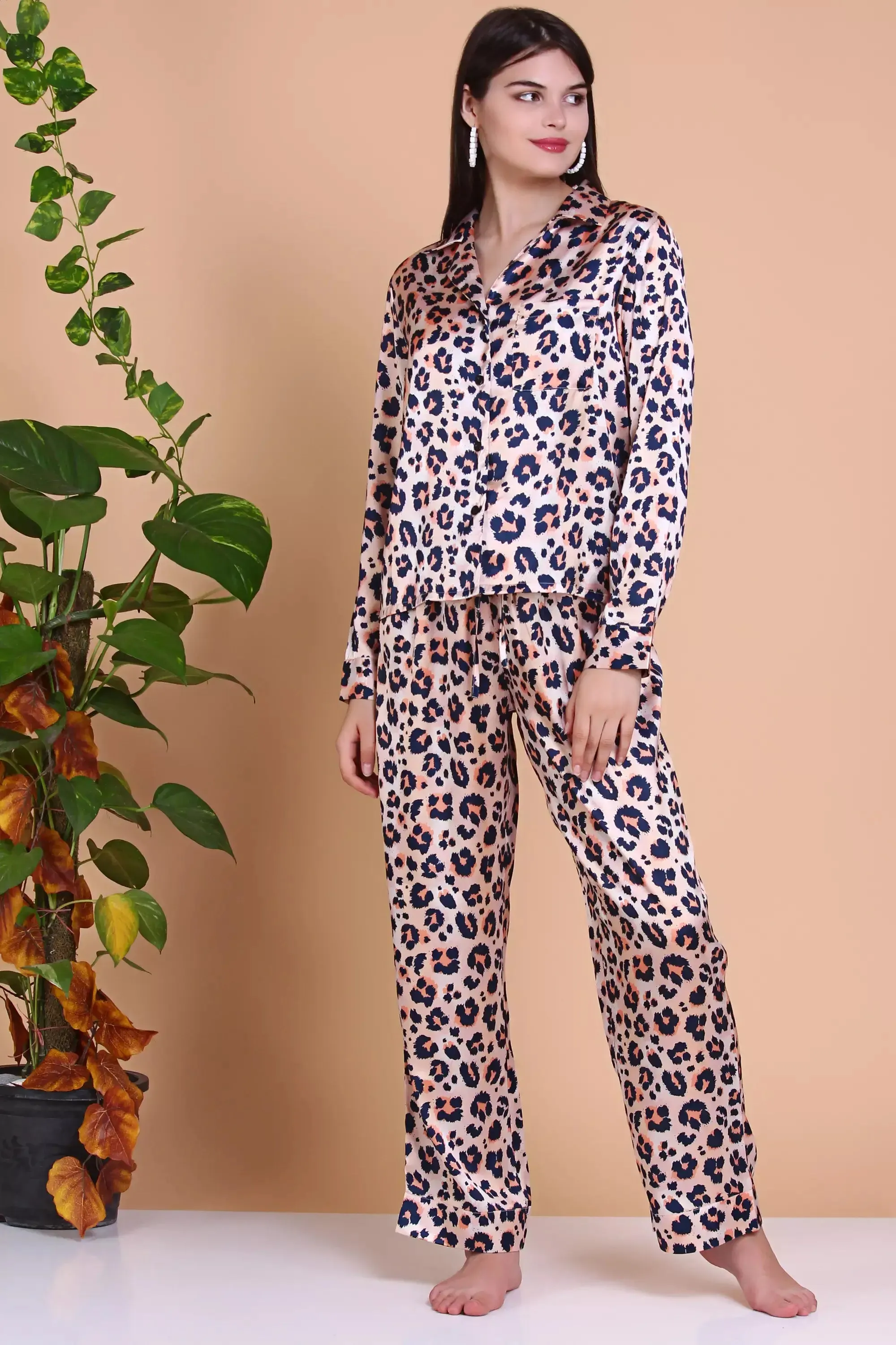 Leopard Silk Pajamas set  Long Sleeve Sleepwear Pj Set 2 Piece Loungewear