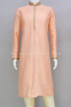 Light Peach Soft Silk Men's Kurta Pajama