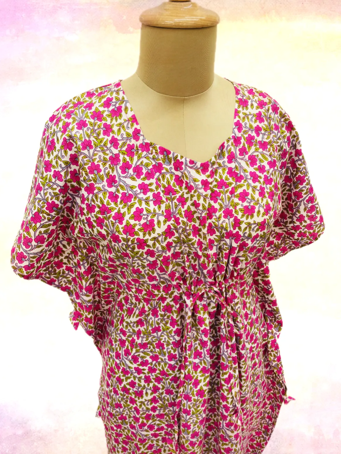 Light Pink & Pink Floral Print Kaftan