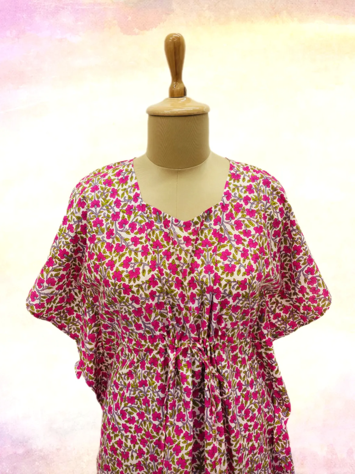 Light Pink & Pink Floral Print Kaftan