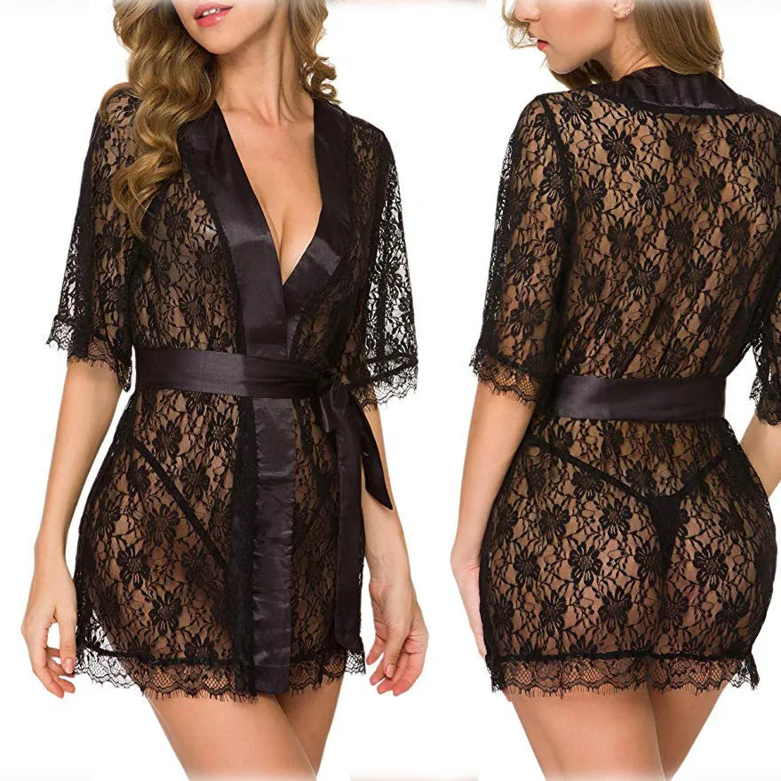 Lingerie Women Lace Hollow-out Robe Suits Pajamas