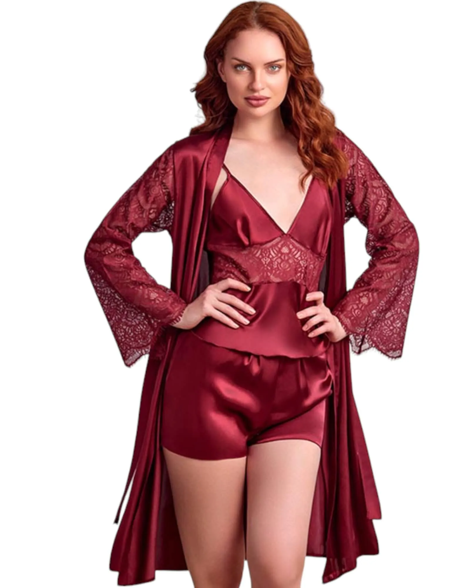 Luxurious Satin Babydoll Robe with Lace Sleeves