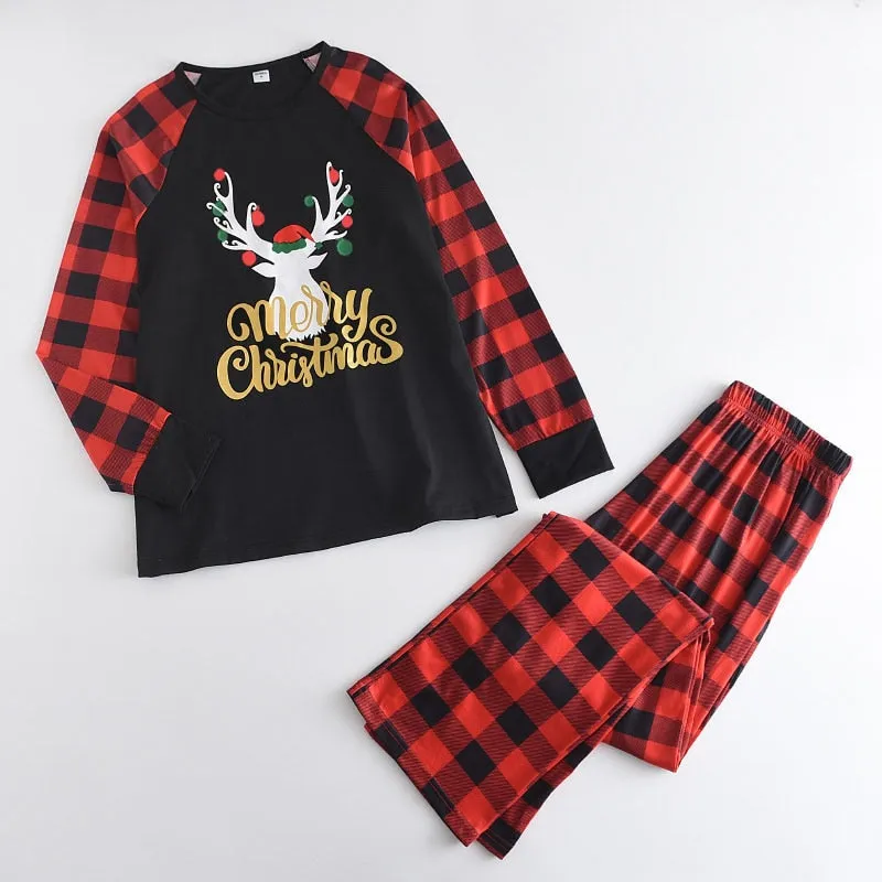 Matching Family Pajama Set Plaid Reindeer Merry Christmas Sleepwear