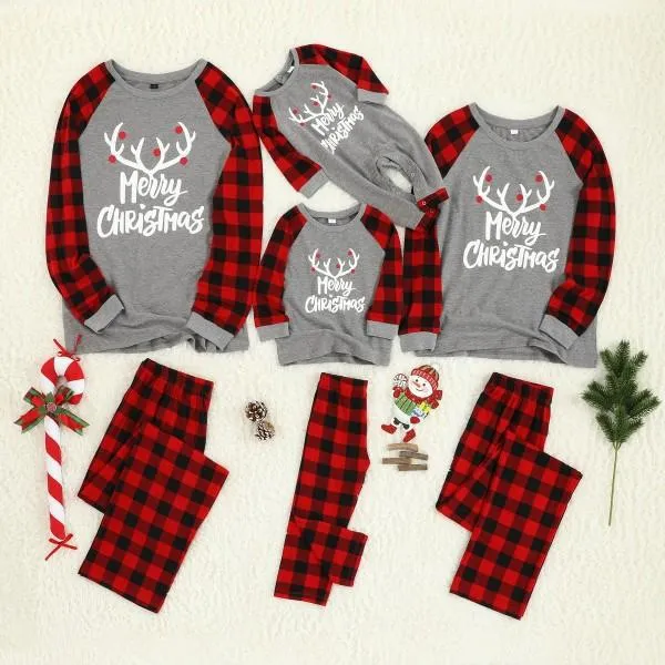 Matching Family Pajama Set Plaid Reindeer Merry Christmas Sleepwear