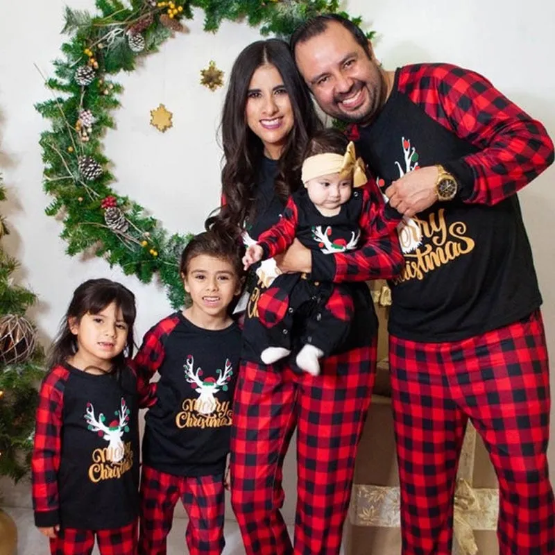 Matching Family Pajama Set Plaid Reindeer Merry Christmas Sleepwear