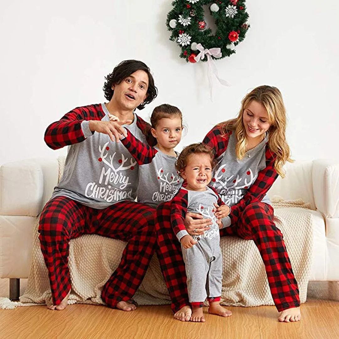 Matching Family Pajama Set Plaid Reindeer Merry Christmas Sleepwear