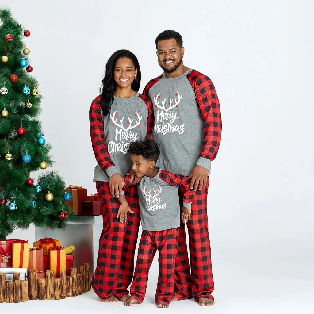 Matching Family Pajama Set Plaid Reindeer Merry Christmas Sleepwear