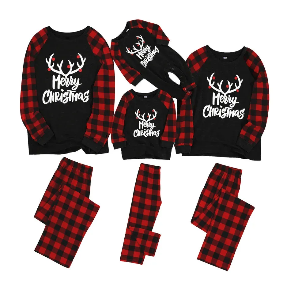 Matching Family Pajama Set Plaid Reindeer Merry Christmas Sleepwear