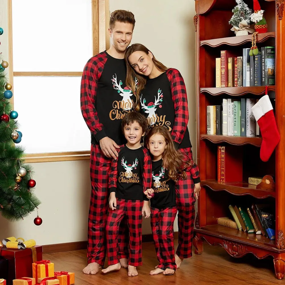 Matching Family Pajama Set Plaid Reindeer Merry Christmas Sleepwear